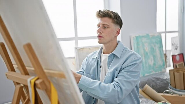 Handsome bearded young caucasian man, an artist, concentrated and immersed in his craft, sits drawing in art class at the university studio, creating magic on canvas.