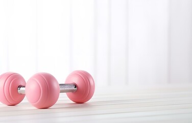 Obraz premium pink female dumbbells and ball on a light wooden floor on light sports hall background