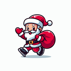 Cute hand drawn cartoon santa claus logo, vector illustration of santa claus with sack of gifts skiing on the floor, Cute Santa Skiing Logo