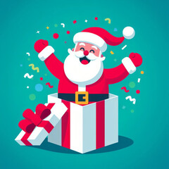 Flat vector illustration of joyful santa claus popping out from Christmas gifts in joy, Joyful Santa Popping from Christmas Presents, merry christmas