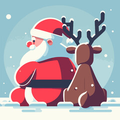 flat vector illustration of santa claus sitting with reindeer