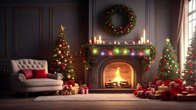 Fireplace with Christmas decorations, seamless looping time-lapse virtual video Animation Background.
