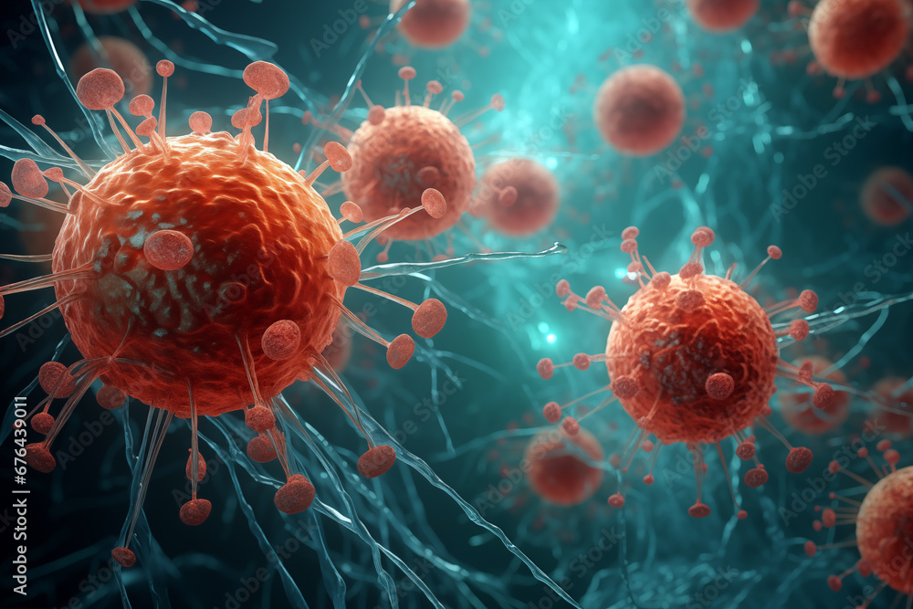Aufkleber close-up view of virus-like particles, highlighting the complex structure and menacing presence of p