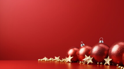 Etoiles et boules de Noël décoratives. Ambiance festive et hivernale, rouge, doré. Espace vide de composition pour conception et création graphique.