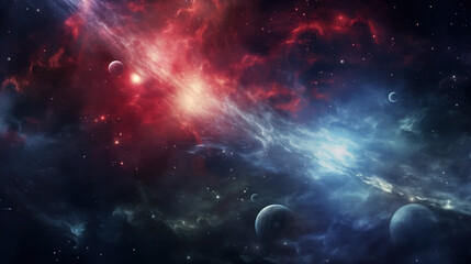 Naklejka premium Cosmic nebula with planets, a vibrant interstellar cloudscape in space.