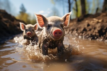 piglets frolicking in the mud on a sunny day - obrazy, fototapety, plakaty