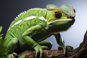 Obraz premium A green and white chamelon sitting on a branch.