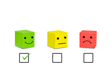 Emotion face symbol on Green, yellow and red wooden blocks, Consumers Show Satisfaction Rating concept by evaluating business success. Services and products and Customer Engagement, Quality Assessment