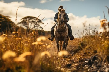 Embrace the joy of equestrian freedom with this captivating image, showcasing an adult rider gracefully guiding a horse through a lush, green paddock - obrazy, fototapety, plakaty