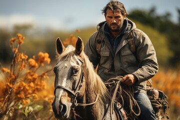 Fototapeta premium Adult middle age man riding a horse in nature