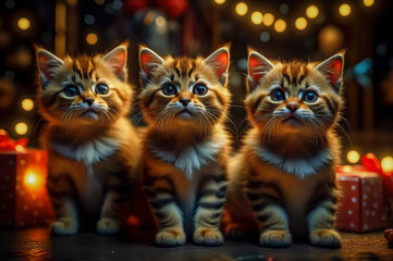 Beautiful cute kittens with Christmas gifts in a festive interior