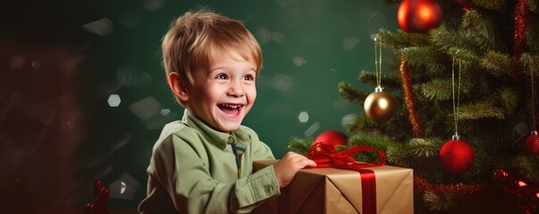 A cute boy is looking forward to unwrapping Christmas presents. The boy holds a gift in his hands. Generative AI.