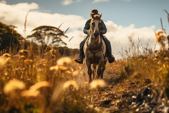 Embrace the joy of equestrian freedom with this captivating image, showcasing an adult rider gracefully guiding a horse through a lush, green paddock