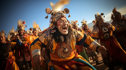 Vivid capture of Traditional Tsam dance in Mongolia. adorned in colorful, elaborate costumes and...