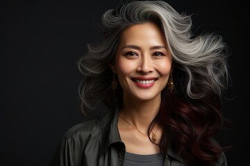 Fototapeta premium Chinese middle age woman with grey hair and perfect skin - skin and beauty care