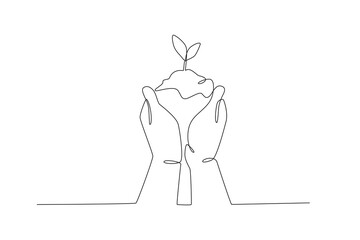 Planting trees to protect the earth. World enviromental education day one-line drawing