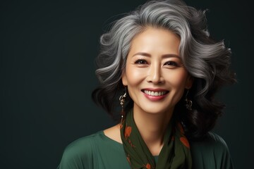 Radiate timeless beauty with this stock photo, where an elegant Asian woman with grey hair showcases flawless skin, making it an ideal choice for beauty product marketing
