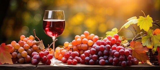 In the isolated background of nature surrounded by lush green leaves and vibrant autumn colors of red a healthy plant bearing fruits stands tall A white wine glass filled with organic natura - obrazy, fototapety, plakaty