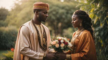 African bride and groom in traditional dresses stand in the garden. Wedding ceremony.