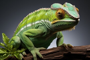 Fototapeta premium A green chamelon sitting on top of a tree branch.