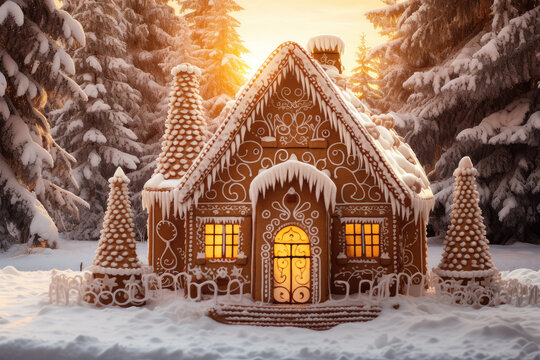 Gingerbread house in snow forest