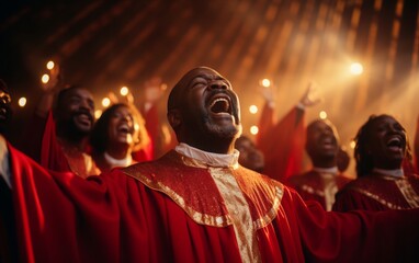 A group of Christian gospel singers celebrating the Lord Jesus Christ. The song spreads blessing, harmony in joy and faith. A group of African American men and women in a church.