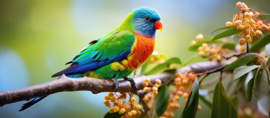 In the beautiful natural background of Australia s tropical paradise a cute and colorful bird with a yellow beak stood out among the greenery showcasing the mesmerizing diversity of wildlife - obrazy, fototapety, plakaty