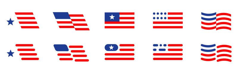 United states flag set, usa symbol, wavy shape flag icon