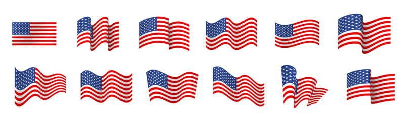 United states flag set, usa symbol, wavy shape flag icon - obrazy, fototapety, plakaty