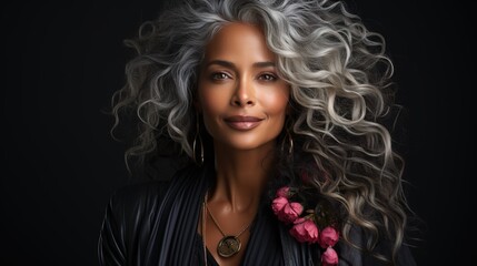 Fototapeta premium Embrace the allure of timeless beauty with this stock photo, showcasing a middle-aged African woman exuding confidence and grace, perfect for beauty product marketing