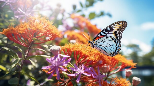 The image of a multicolored butterfly poised on flowers consuming their nectar and pollen is a wonderful sight of the beauty of flowers and gorgeous nature in the lush park beneath the sunny sky.