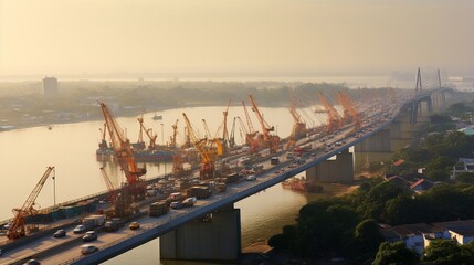 Traffic in Tien Giang, Vietnam The 2,691-meter-long My Loi bridge over the Mekong River in the morning connects Long An and Tien Giang provinces to economic growth in Tien Giang, Vietnam.