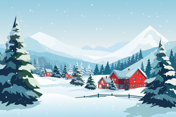 Winter village or ski resort. Beautiful landscape of houses and forests in the snow against the backdrop of magnificent mountains and hills in snowy weather. Christmas or New Year design.