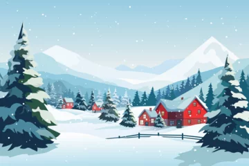 Poster Winter village or ski resort. Beautiful landscape of houses and forests in the snow against the backdrop of magnificent mountains and hills in snowy weather. Christmas or New Year design. © LoveSan