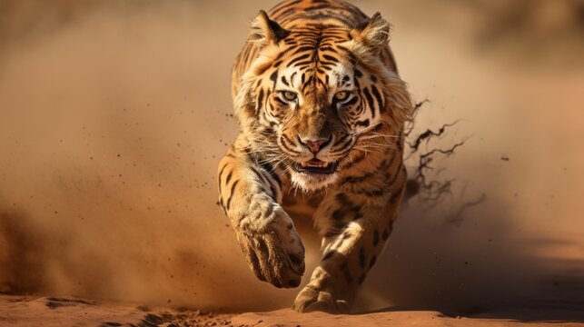 tigar (Taurinus; connochaetes) running across dusty plains - 