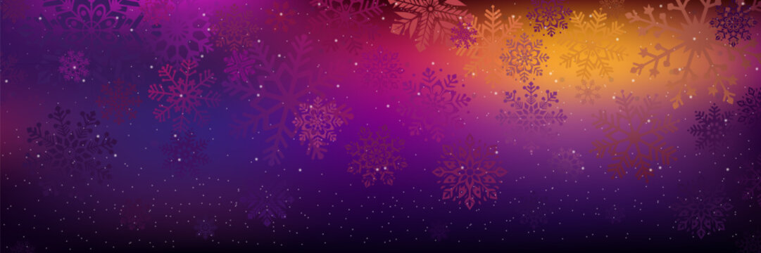 Beautiful multicolored Christmas background with amazing snowflakes with different ornaments. New Year or Christmas background with gold, purple, blue, red gradients.