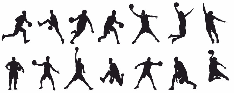 set of silhouettes of basketball players in different action. 