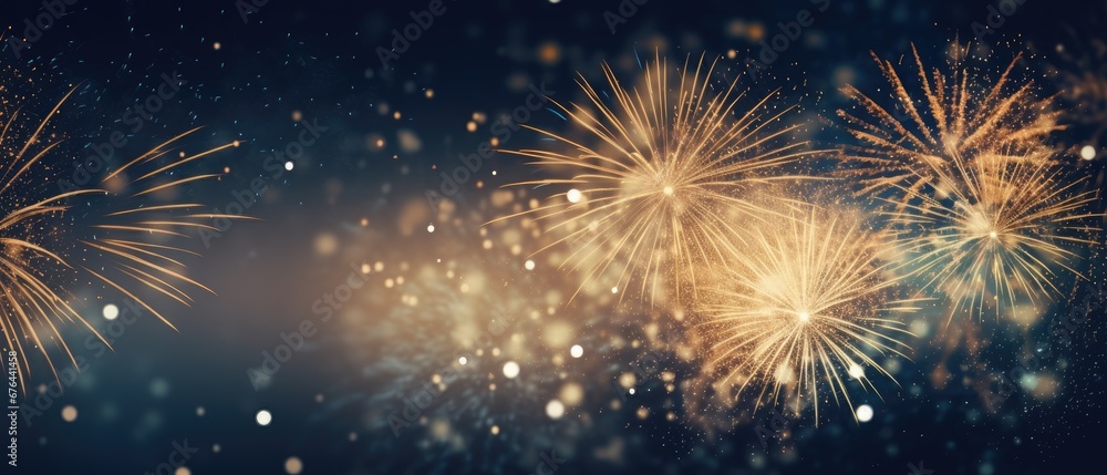 Poster golden fireworks on a black background in a colorful pattern generative ai