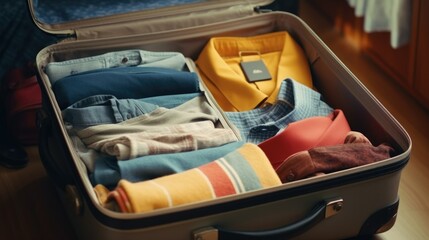 Getting ready for business travel, packing colorful clothes and in gray modern suitcase. Concept of...