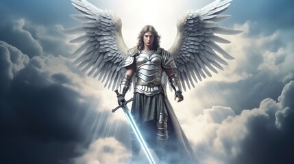 Archangel Michael with wings in knight armor with sword rises in sky standing at protection of - obrazy, fototapety, plakaty
