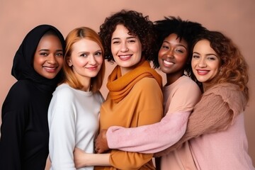 Women of different nationalities interact by smiling and embracing friendship with understanding