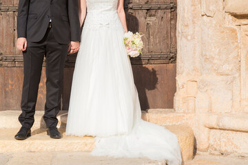 Obraz premium bride, wedding, dress, woman, beauty, fashion, gown, bridal, love, marriage, elegance, model, person, people, groom, vintage, glamour, veil, couple, posing, style, one, studio, luxury, hair