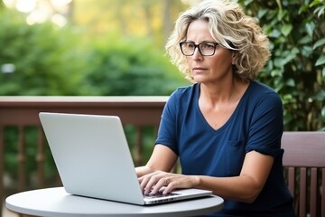 Freelancer woman working from home sitting at table and looks at laptop doing work