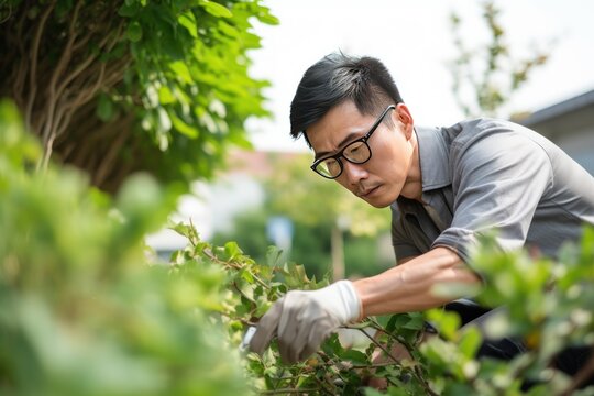 Asian gardener brings order to garden by pulling weeds spoiling picture of flowerbeds