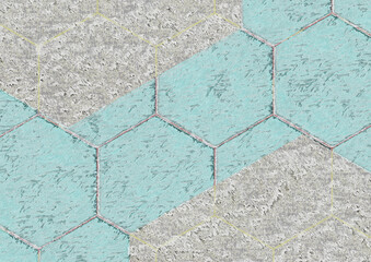 Large gray and blue hexagonal tile pattern with stucco relief - 676442872