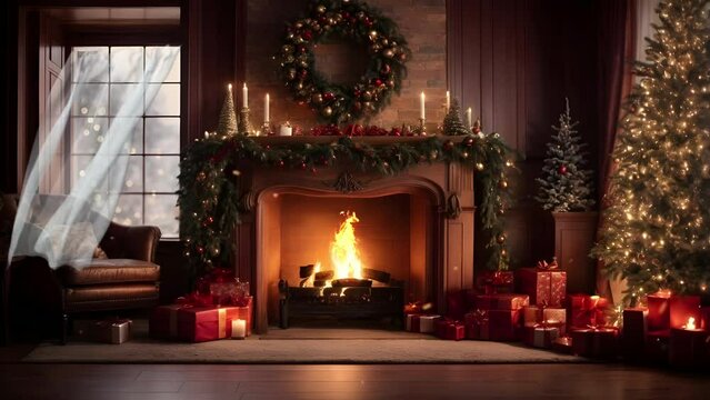 Fireplace with Christmas Decorations Animated Background
