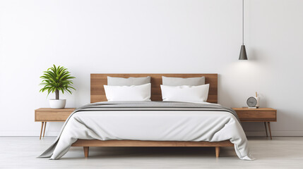 Front view of empty modern white bedroom.