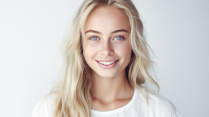 Naklejka premium Portrait beautiful happy blonde woman with white teeth smiling. Beauty concept. 