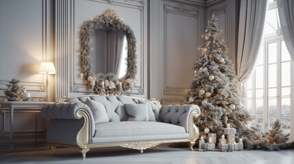 Fototapeta premium Intérieur d'une maison avec un sapin de Noël et cadeaux, paquets, présents et décoration. Fond pour conception et création graphique. Ambiance familiale, festive et hivernale. 