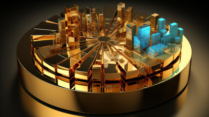Modern 3D pie chart diagram in gold, Infographic template for business , Generative AI